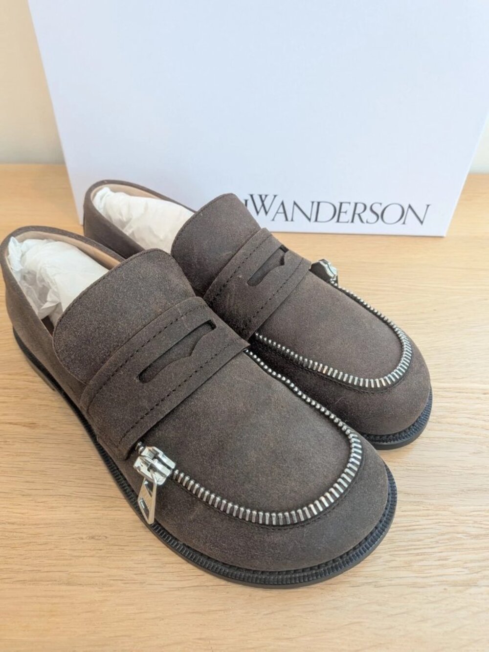 JW Anderson Zip Moccasin Suede Penny Loafers Brown Deep Walnut EU 39 US 8